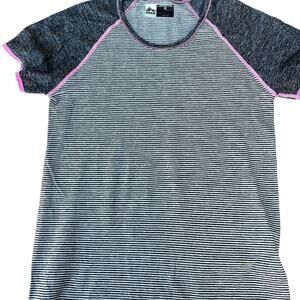 RBX Performance women’s size M T-shirt, gray with white stripes, pink accent